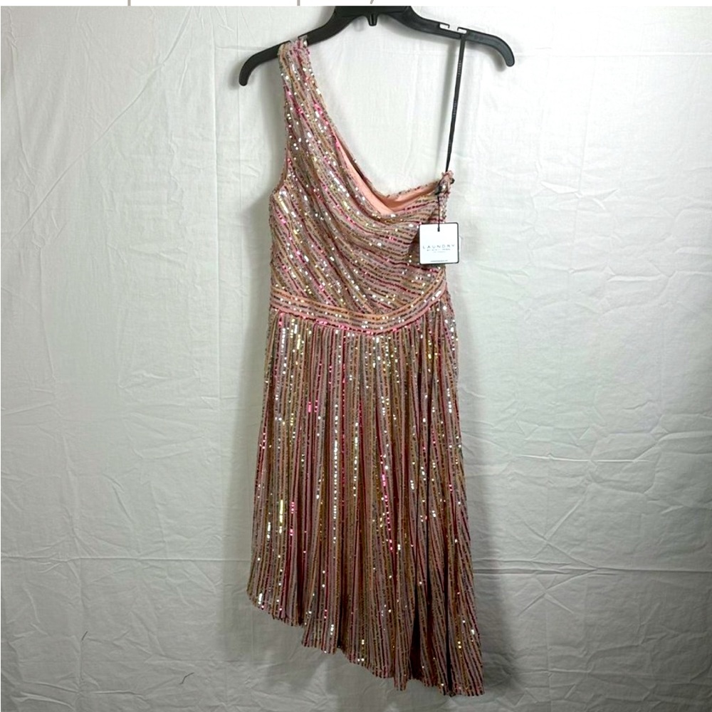LAUNDRY By Shelli Segal One Shoulder Sequined Pink Sparkly Dress Size 4